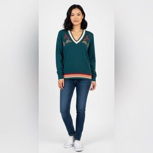 Teal V-Neck Sweater with Embroidered Details , size S